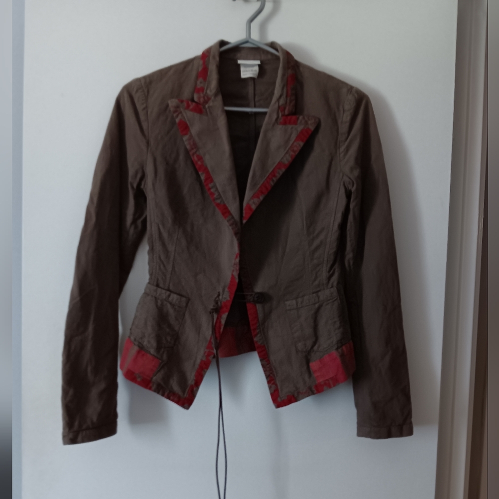 DRIES VAN NOTEN Tan Brown + Red Cotton + Linen Blazer 36